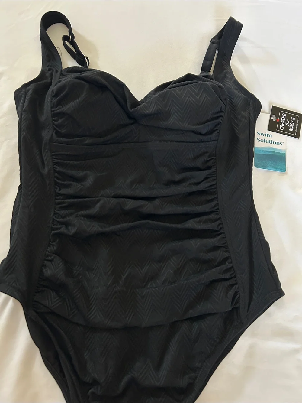 NWT Swim Solutions Black Textured Ruched Tummy Control One Piece - Size 12